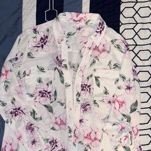 Candie's White Sheer Floral Button-Up Blouse with Pink & Purple Flowers